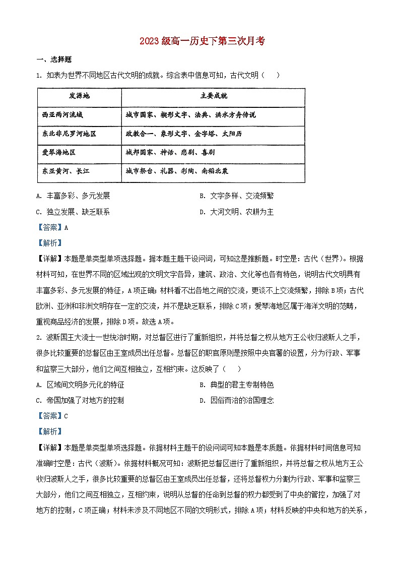 四川省2023_2024学年高一历史下学期第三次月考试题含解析第1页