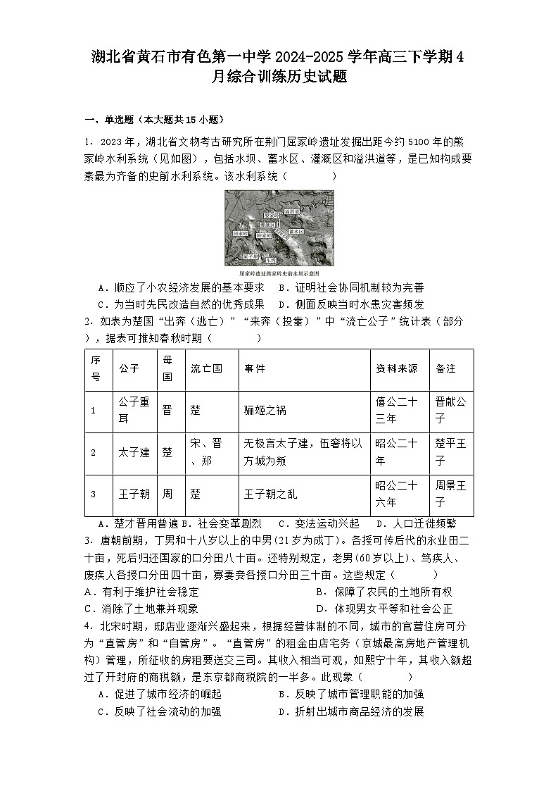 湖北省黄石市有色第一中学2024-2025学年高三下学期4月综合训练历史试题（解析版）第1页