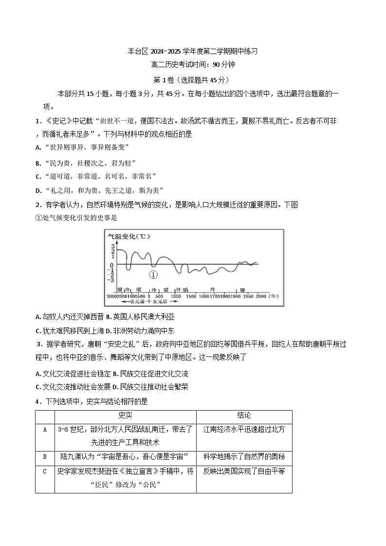 北京市丰台区2024-2025学年高二下学期期中考试历史试题第1页