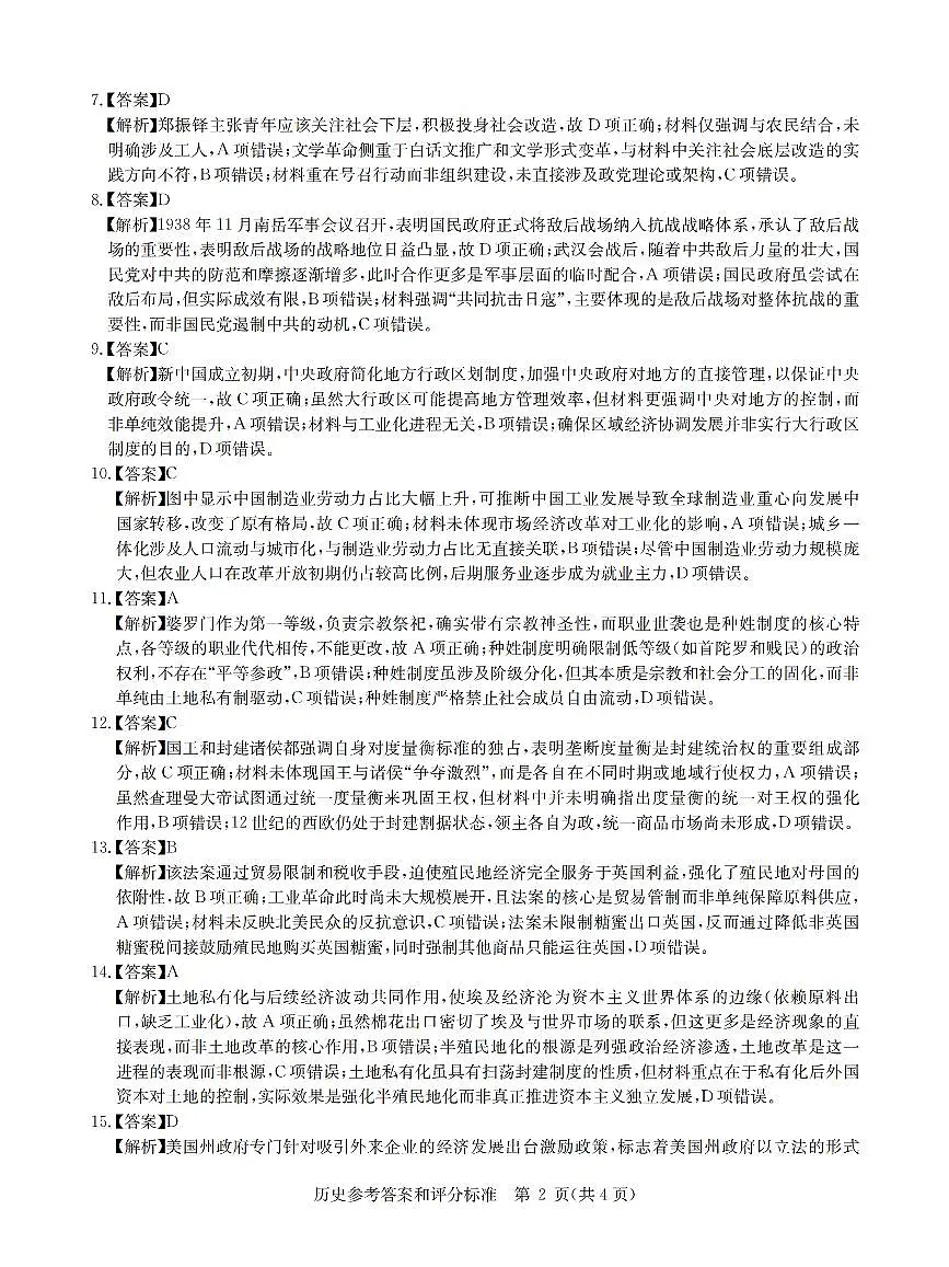 华大新高考联盟2025届高三4月教学质量测评历史答案第2页