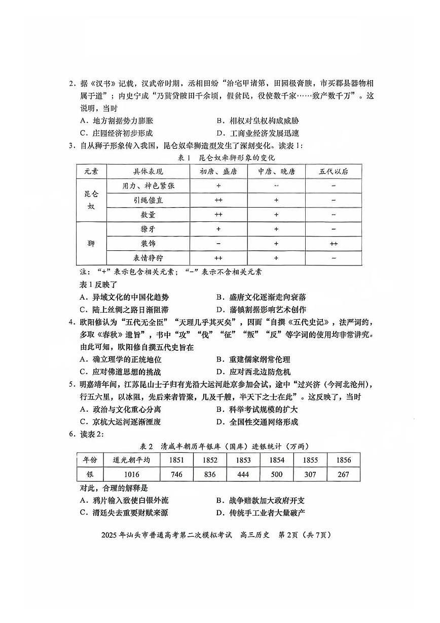 广东省汕头市2025届高三高考模拟第二次模拟-历史试题+答案第2页