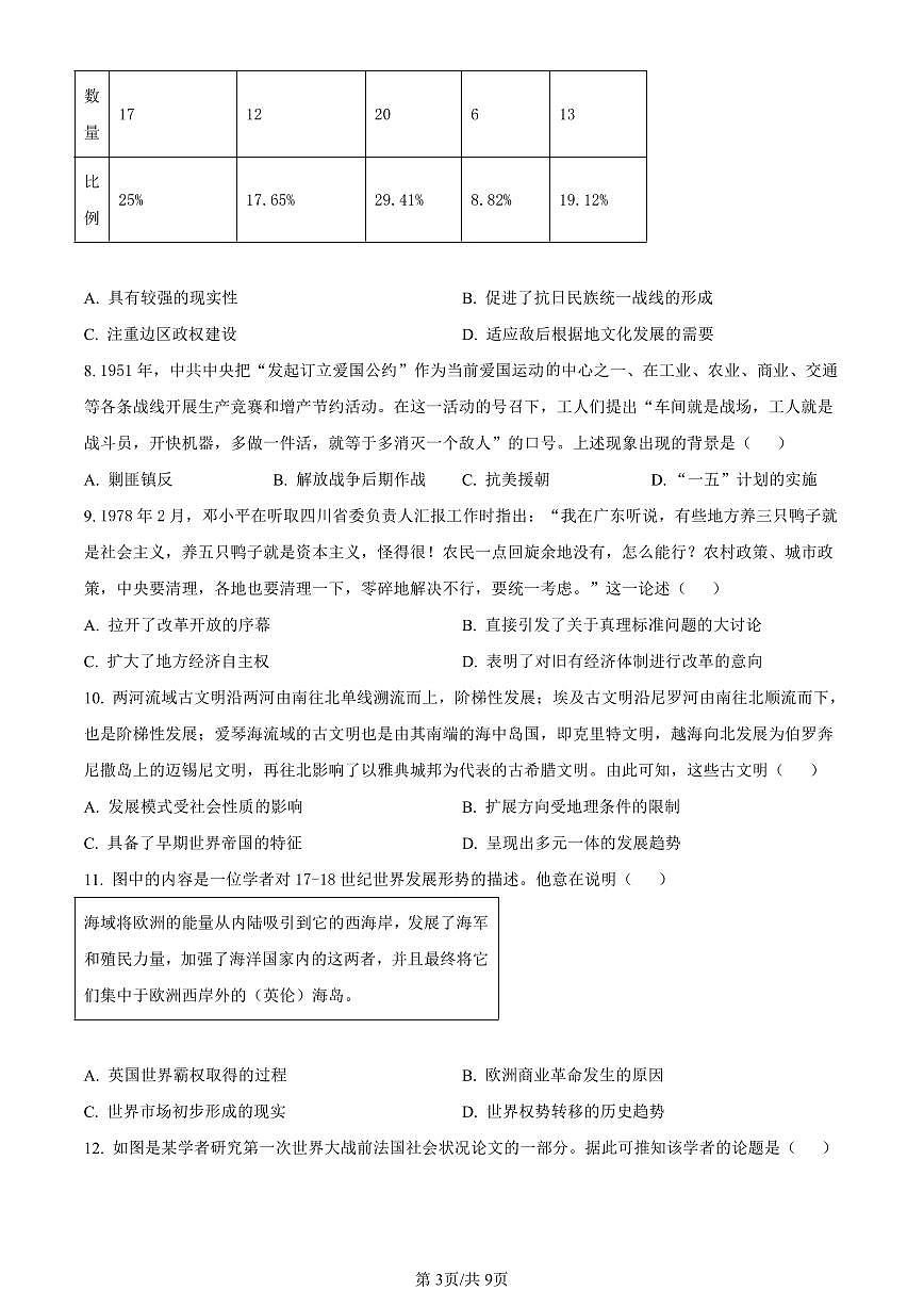 山东省枣庄市2023--2024学年高三上学期期末质量检测历史试卷（含答案）第3页
