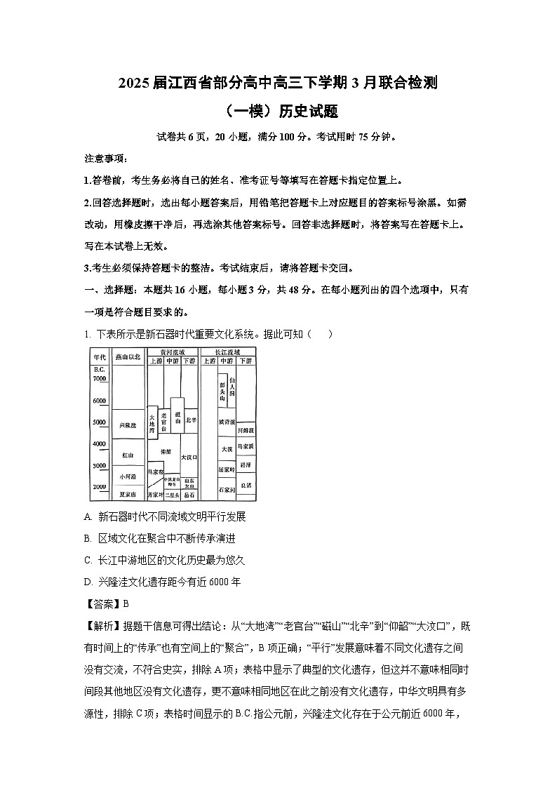 2025届江西省部分高中高三下学期3月联合检测（一模）历史试卷（解析版）第1页