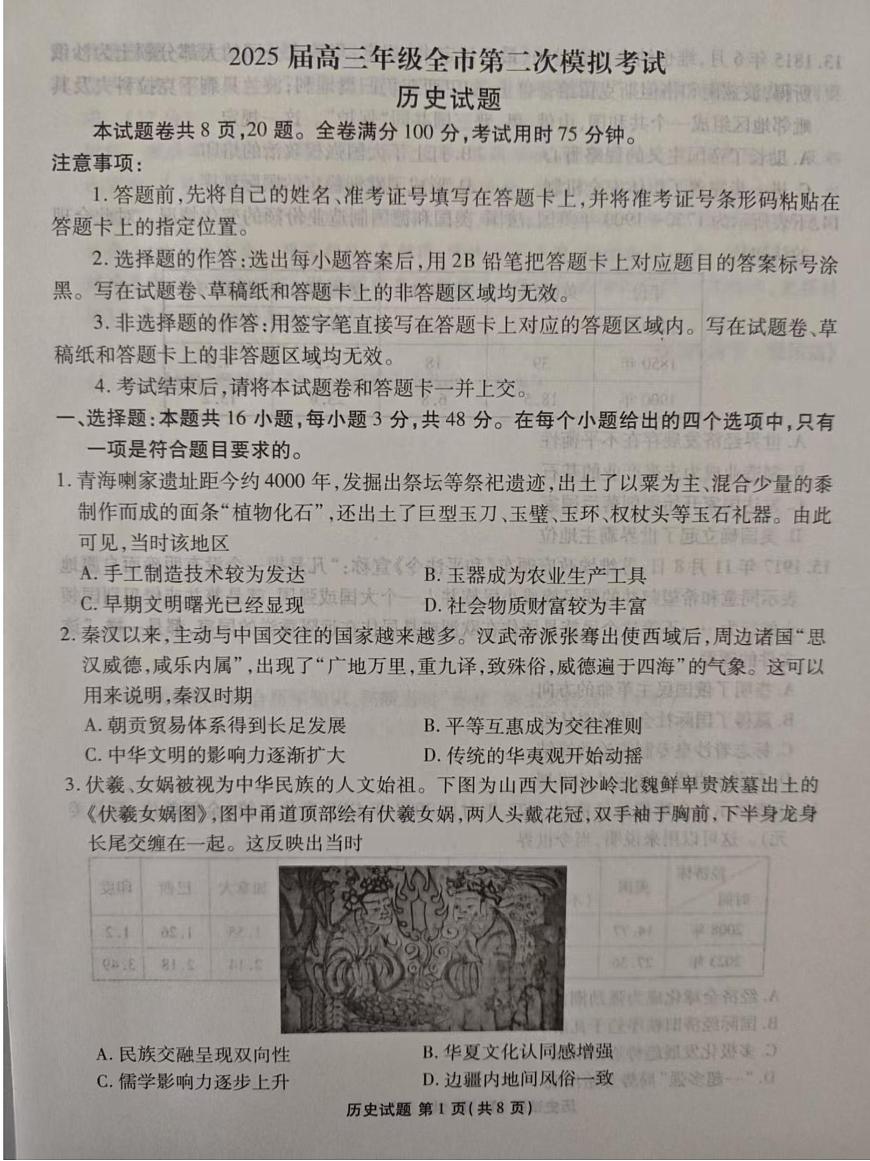 河北省张家口市2025届高三下学期4月二模试题 历史 PDF版含解析第1页