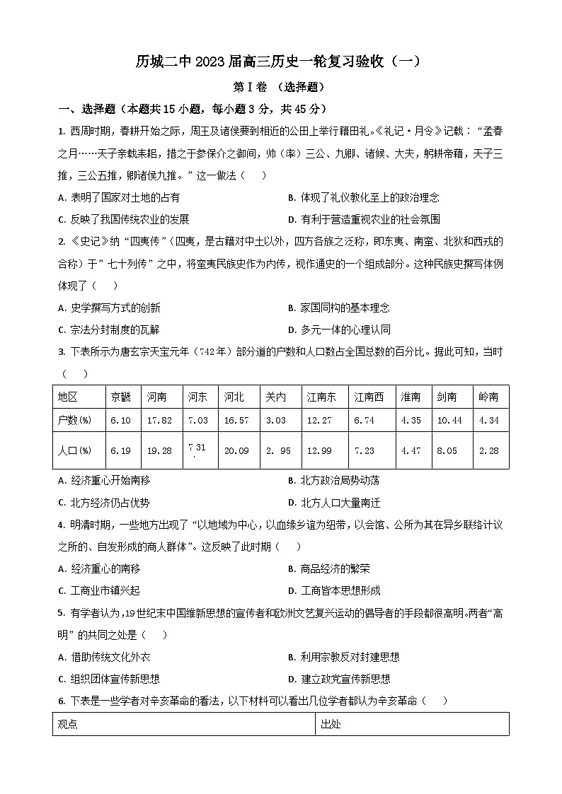 2023届山东省济南市历城第二中学高三一轮复习验收考试（一模）历史试题 附答案第1页