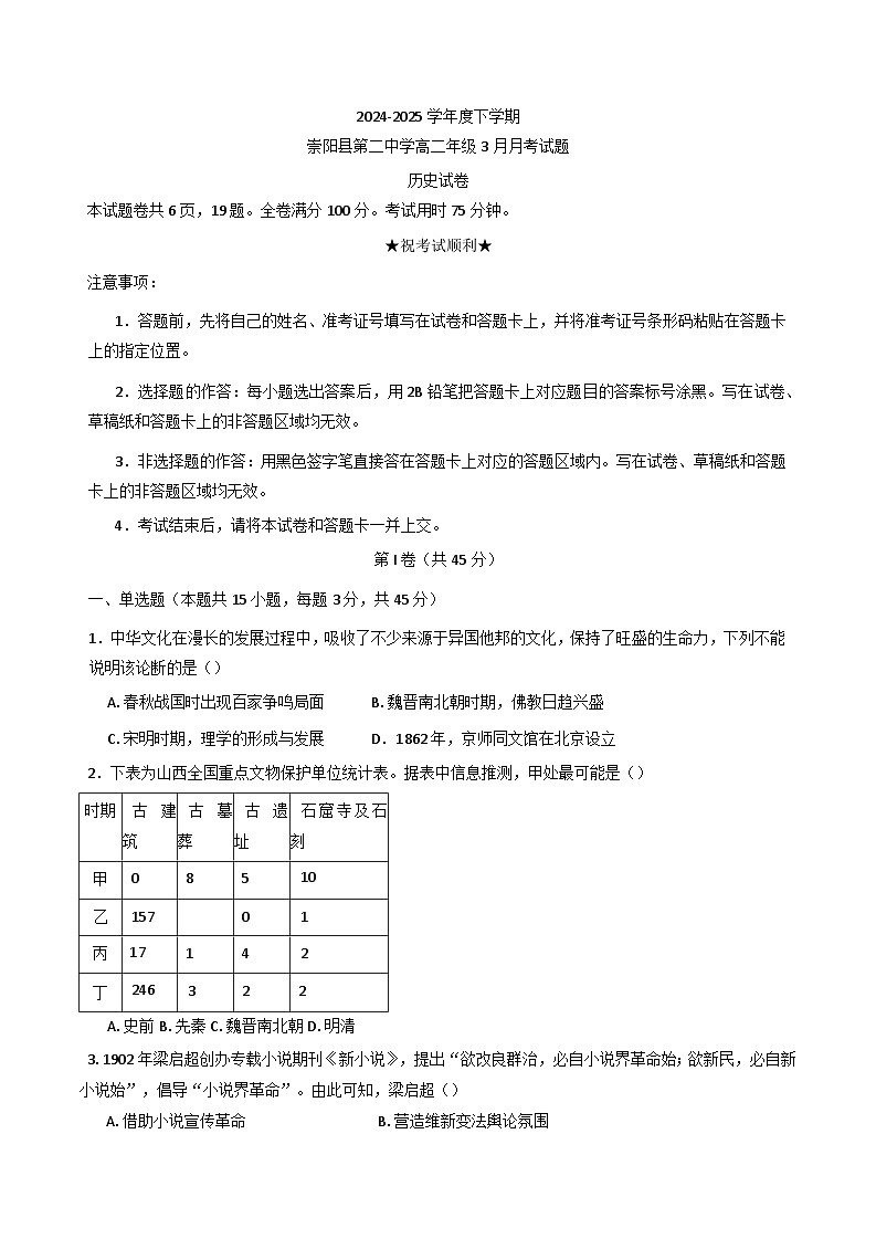 2024—2025学年度湖北省崇阳县第一中学高二下学期3月月考历史试题（含答案）第1页
