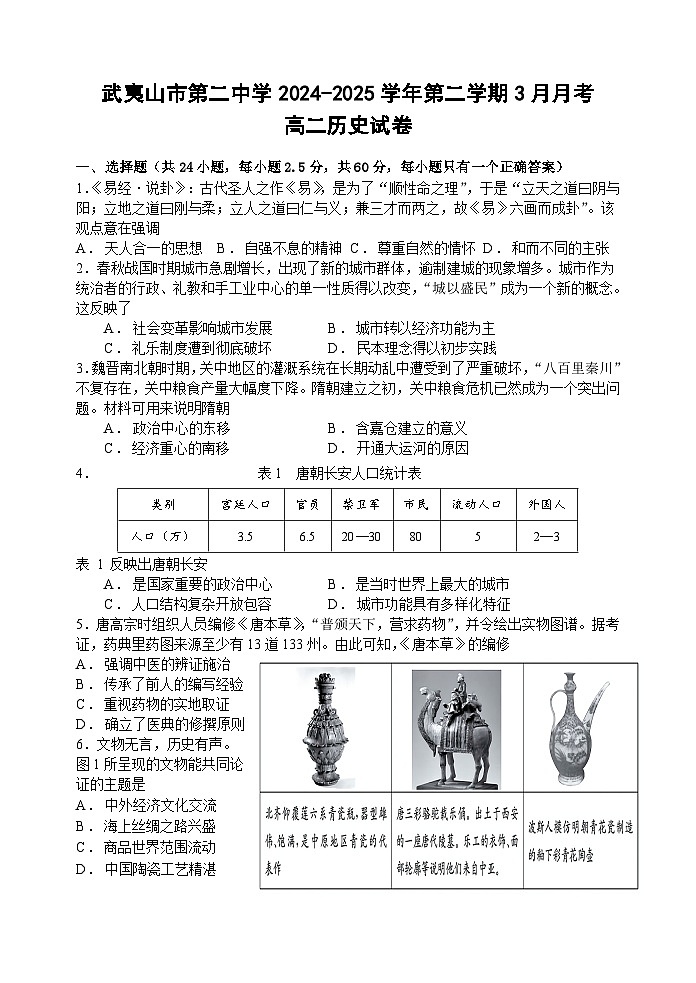 2024—2025学年度福建省武夷山市二中高二下学期3月月考历史试题（含答案）第1页