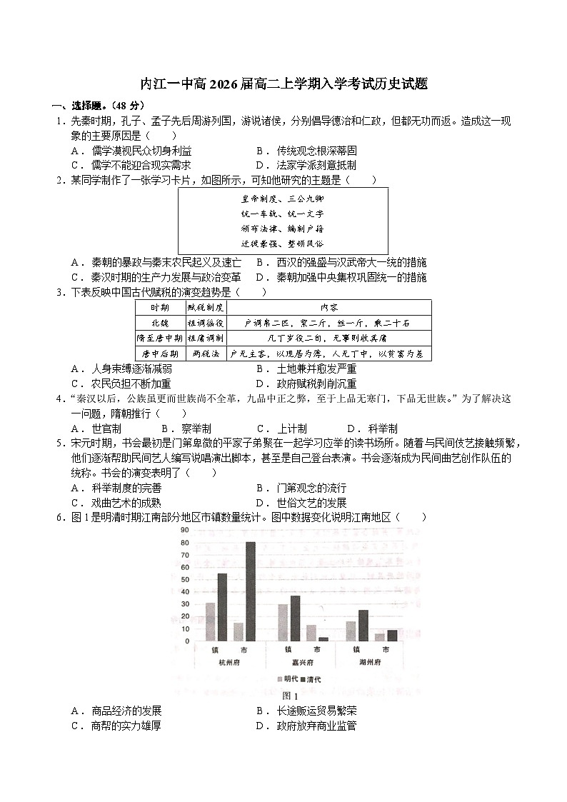 四川省内江市第一中学2024-2025学年高二上学期开学考试历史试题第1页