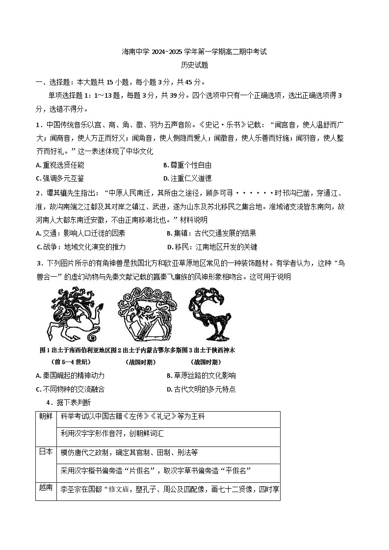 海南省海口市琼山区海南中学2024-2025学年高二下学期期中考试历史试题（含答案）第1页