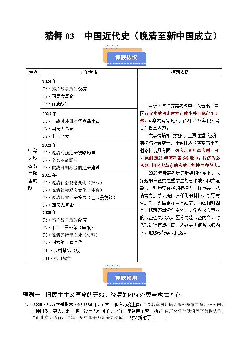 备战2025年高考历史抢押秘籍（江苏专用）猜押03中国近代史（晚清至新中国成立）·选择题（教师版）第1页