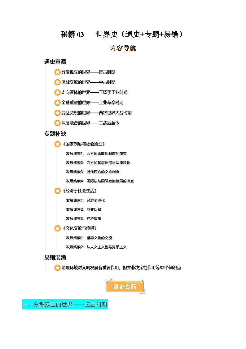 备战2025年高考历史抢押秘籍（江苏专用）秘籍03世界史核心考点速查速记（通史+专题+易错）练习第1页