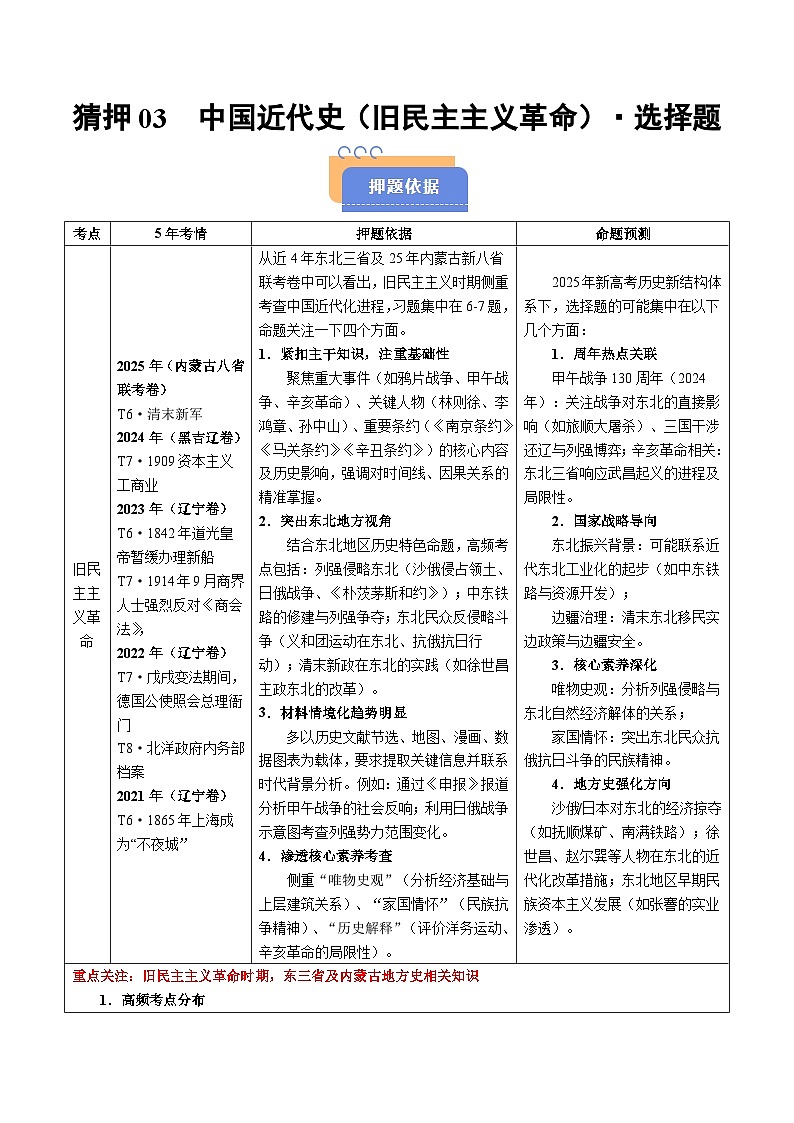 备战2025年高考历史抢押秘籍（黑吉辽蒙专用）猜押03中国近代史（18401919旧民主主义革命）·选择题（学生版）第1页