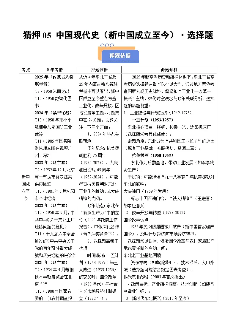 备战2025年高考历史抢押秘籍（黑吉辽蒙专用）猜押05中国现代史（1949至今）·选择题（学生版）第1页