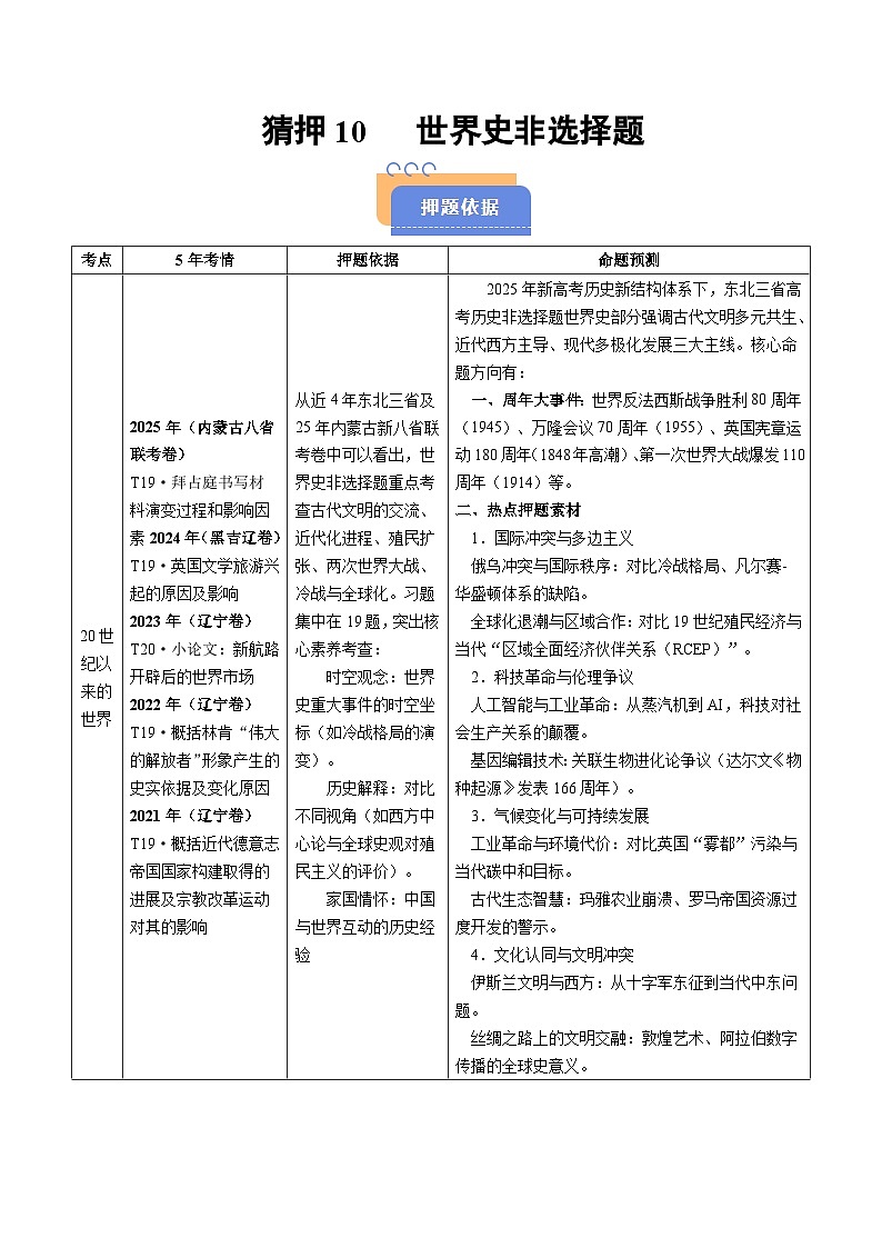 备战2025年高考历史抢押秘籍（黑吉辽蒙专用）猜押10世界史非选择题（学生版）第1页
