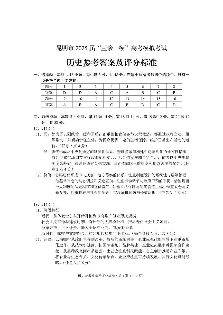 云南省昆明市2025届“三诊一模”高考模拟考试历史答案第1页