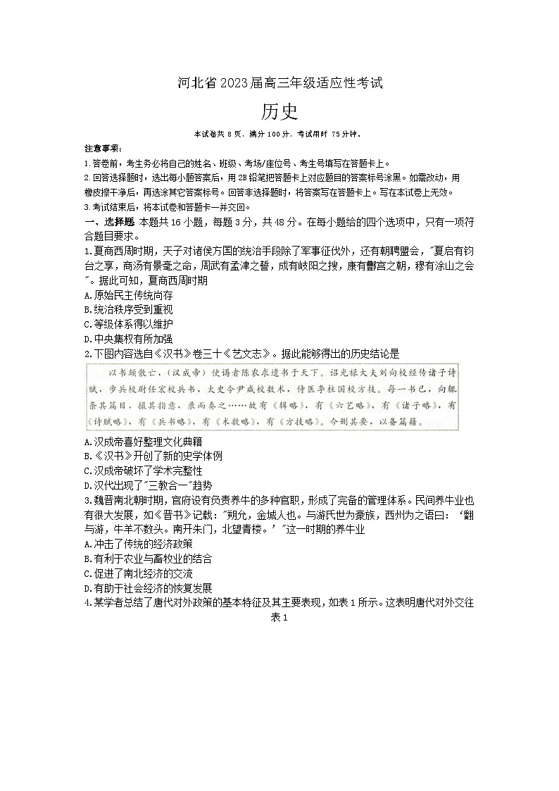 河北省2023届高三年级适应性考试  历史第1页
