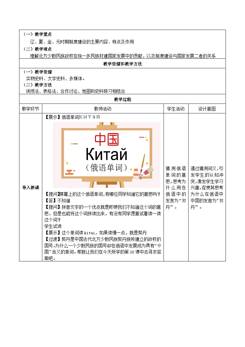 人教统编版高中历史必修上 3-10《辽夏金元的统治》教学设计第2页