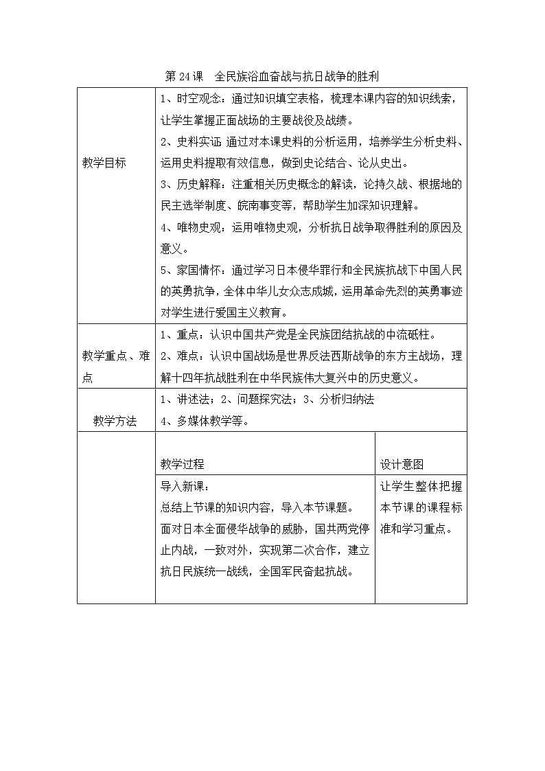人教统编版高中历史必修上 8-23《全民族浴血奋战与抗日战争的胜利》教学设计第1页