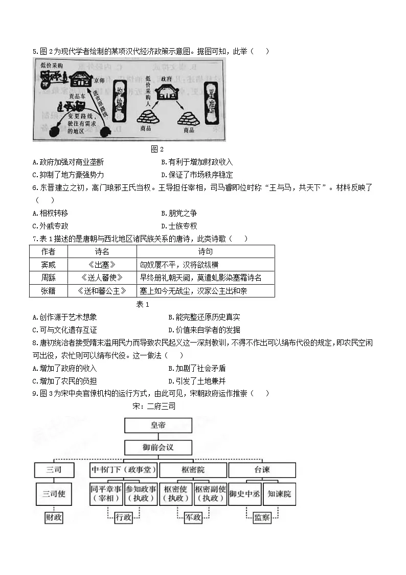 福建省三明市2023-2024学年高一上学期期末质量检测历史试题（含答案）第2页
