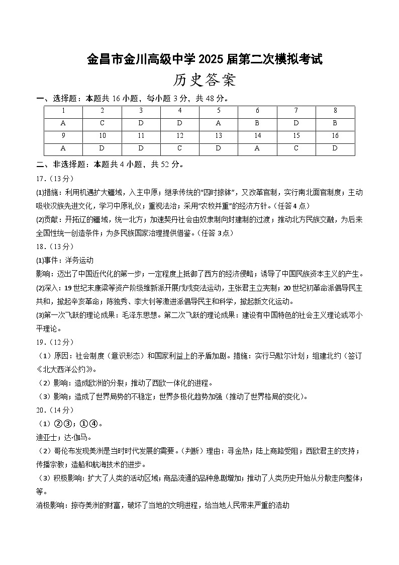 金昌市金川高级中学2025届高三二模历史（纯答案）第1页