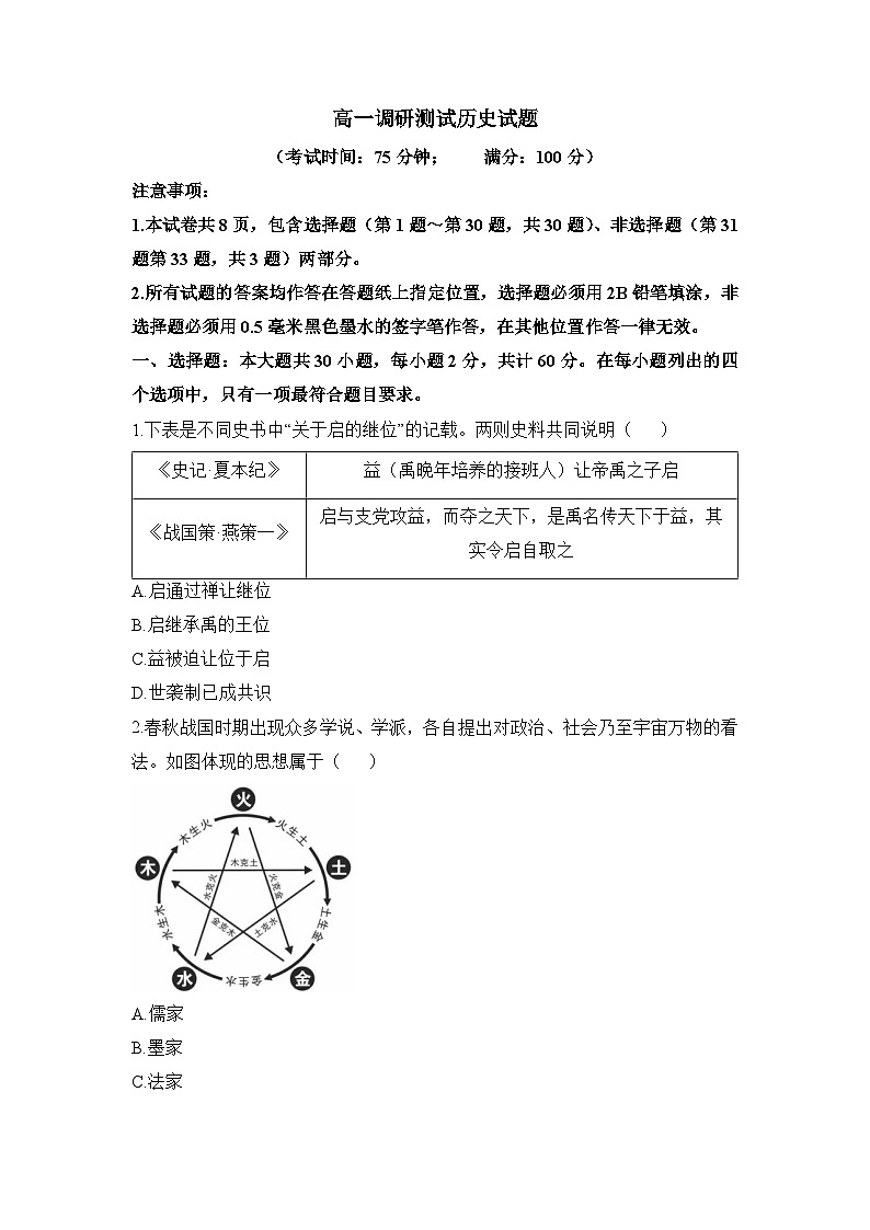 高一下学期第一次月考历史试题（原卷版无答案）第1页
