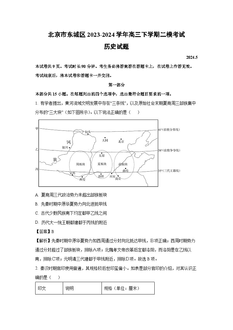 北京市东城区2023-2024学年高三下学期二模考试 历史试卷（解析版）第1页