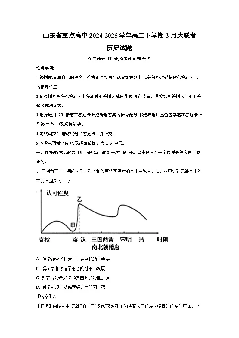 山东省重点高中2024-2025学年高二下学期3月大联考历史试卷（解析版）第1页