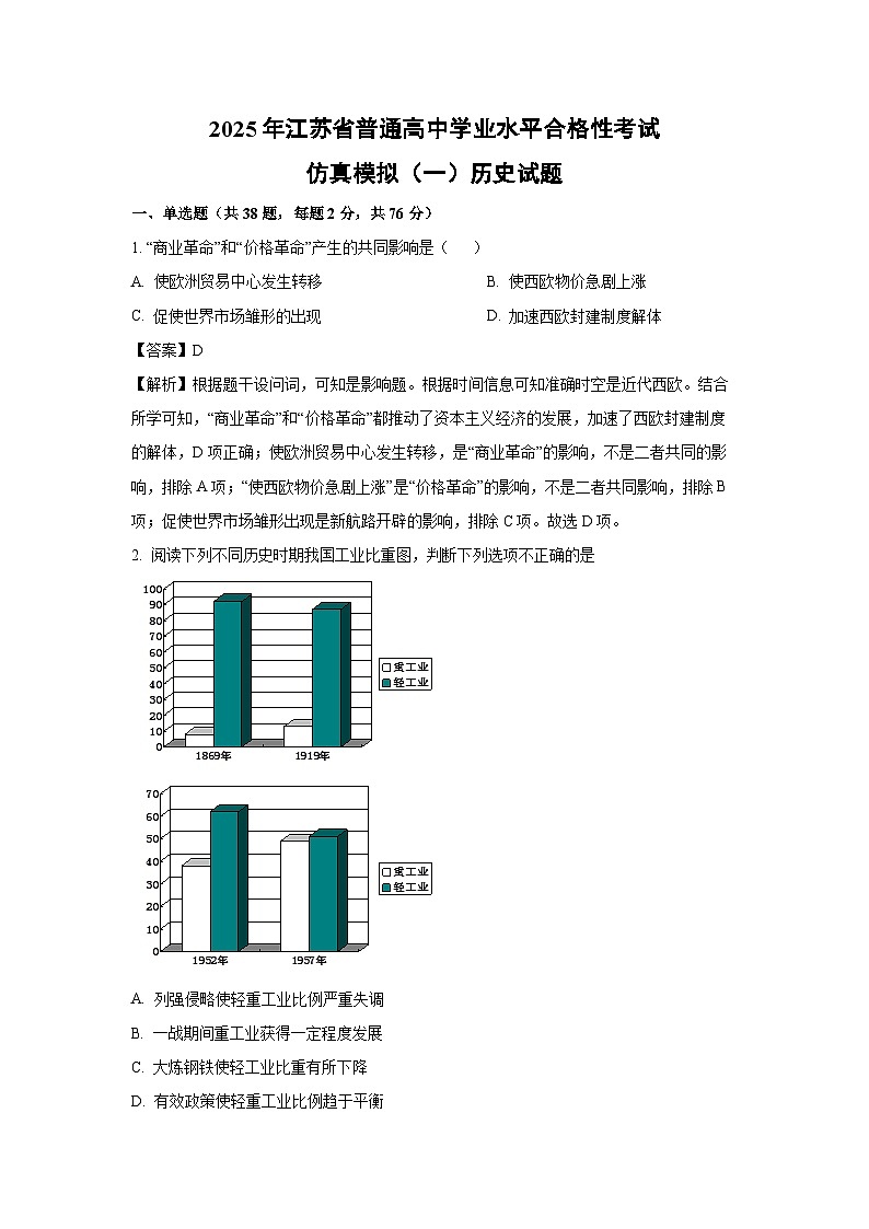 2025年江苏省普通高中学业水平合格性考试仿真模拟（一）历史试题（解析版）第1页