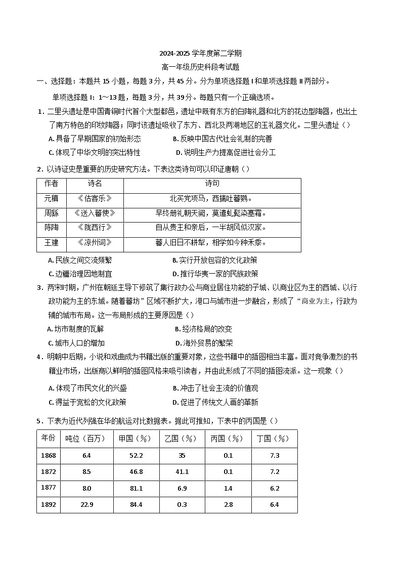 海南省文昌中学2024-2025学年高一下学期段考历史试题（选考）（含解析）第1页