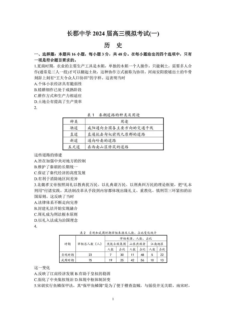 湖南省长沙市长郡中学2024届高三一模 历史试卷（含答案）第1页