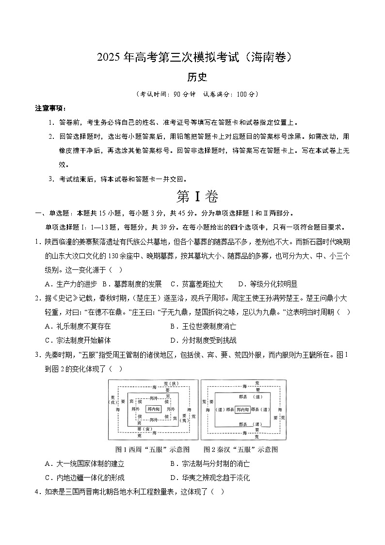2025年高考第三次模拟考试卷：历史（海南卷）（考试版）第1页
