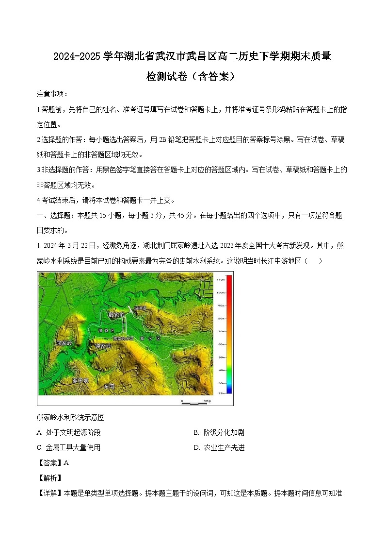 2024-2025学年湖北省武汉市武昌区高二历史下学期期末质量检测试卷（附答案）第1页