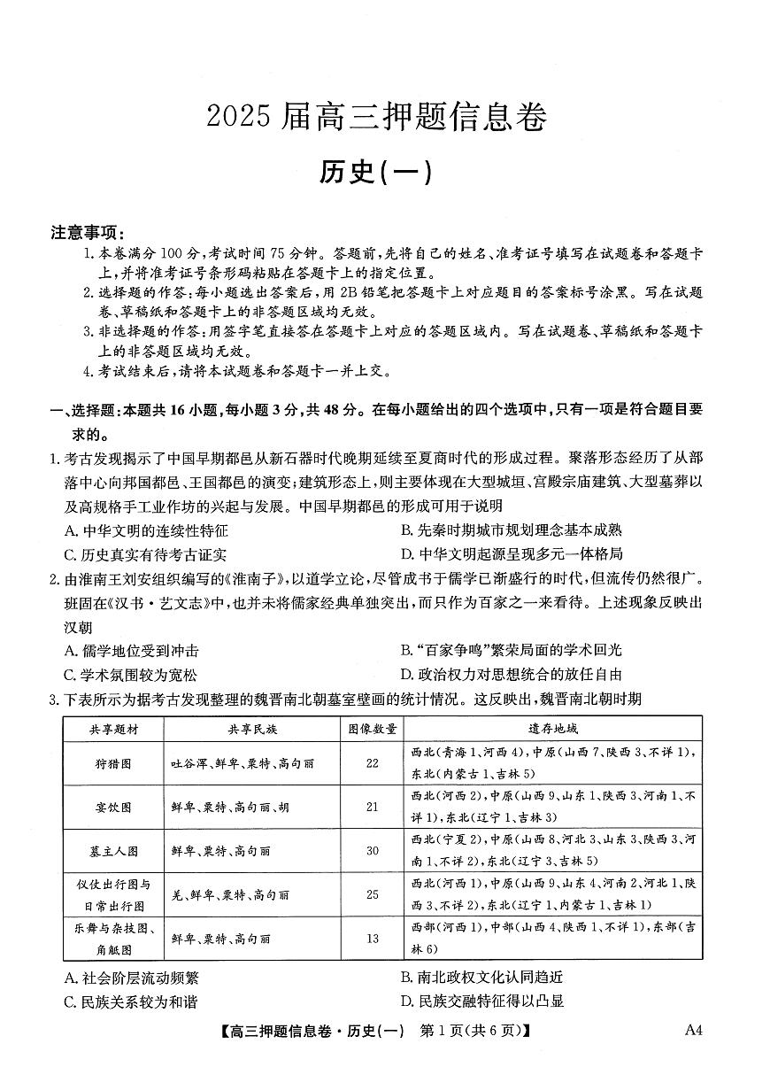 2025届高三押题信息卷（一）历史第1页