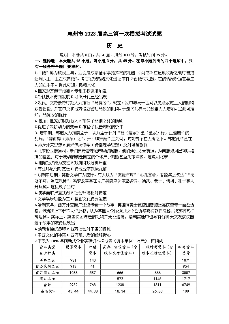 2023届广东省惠州市高三下学期第一次模拟考试历史试题 附答案第1页