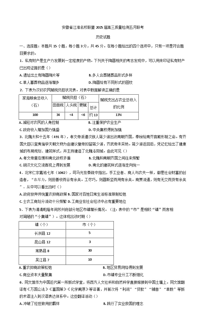 2025届安徽省江淮名校联盟高三下学期五月质量检测历史试题（含答案）第1页