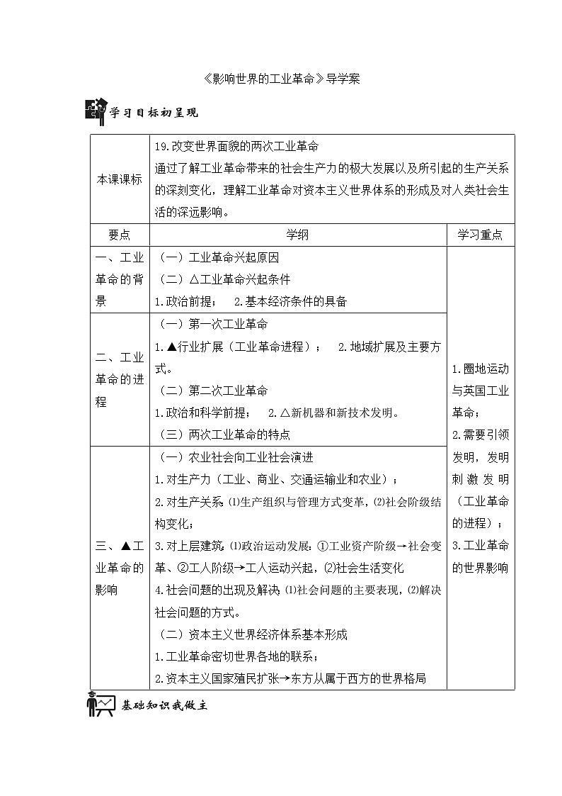 人教统编版高中历史必修下 5-10《影响世界的工业革命》导学案第1页