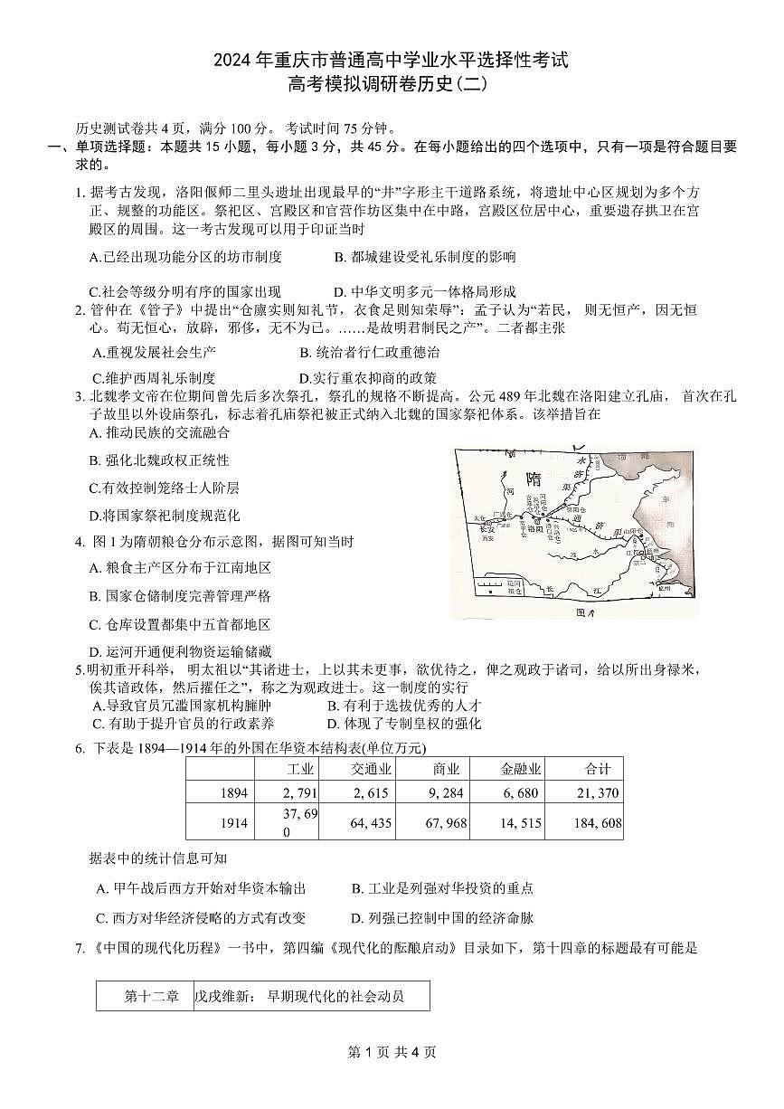 2024年重庆市普通高中学业水平选择性考试高考模拟调研卷（二）历史试卷（含答案）第1页