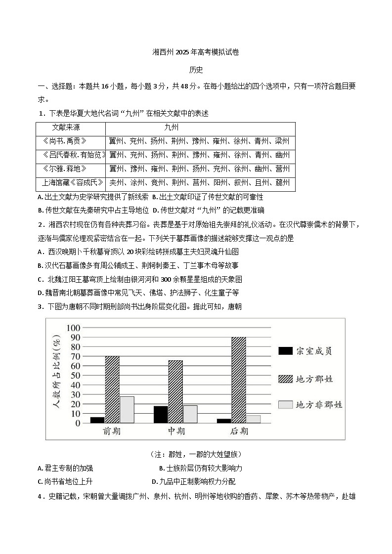 2025湖南省湘西土家族苗族自治州高三下学期模拟考试历史试卷（含答案）第1页