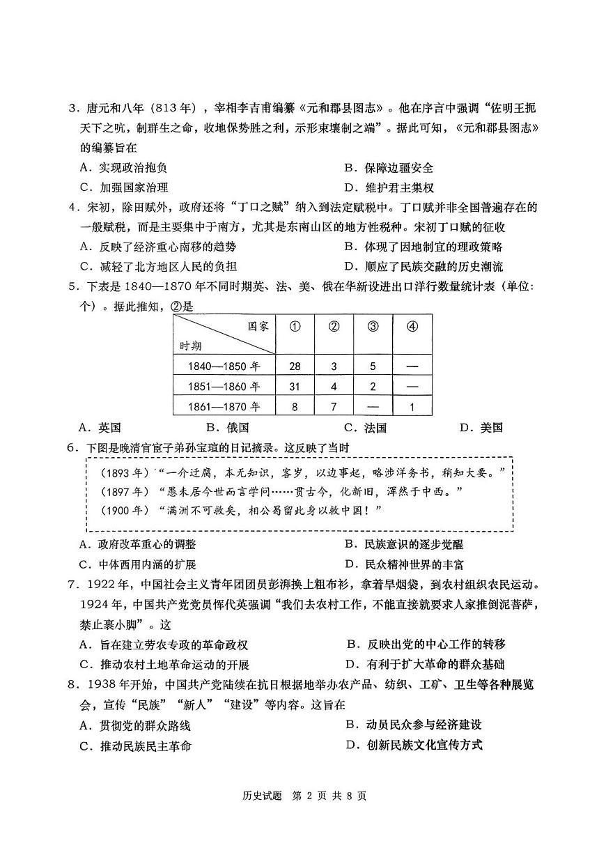 2025年山东省青岛市和淄博市高三高考历史二模试题（无答案）第2页