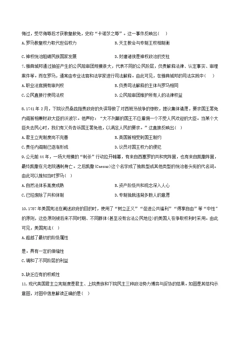 人教统编版高中历史选修1 1-3《西方国家古代和近代政治制度的演变》一课三练无答案第2页