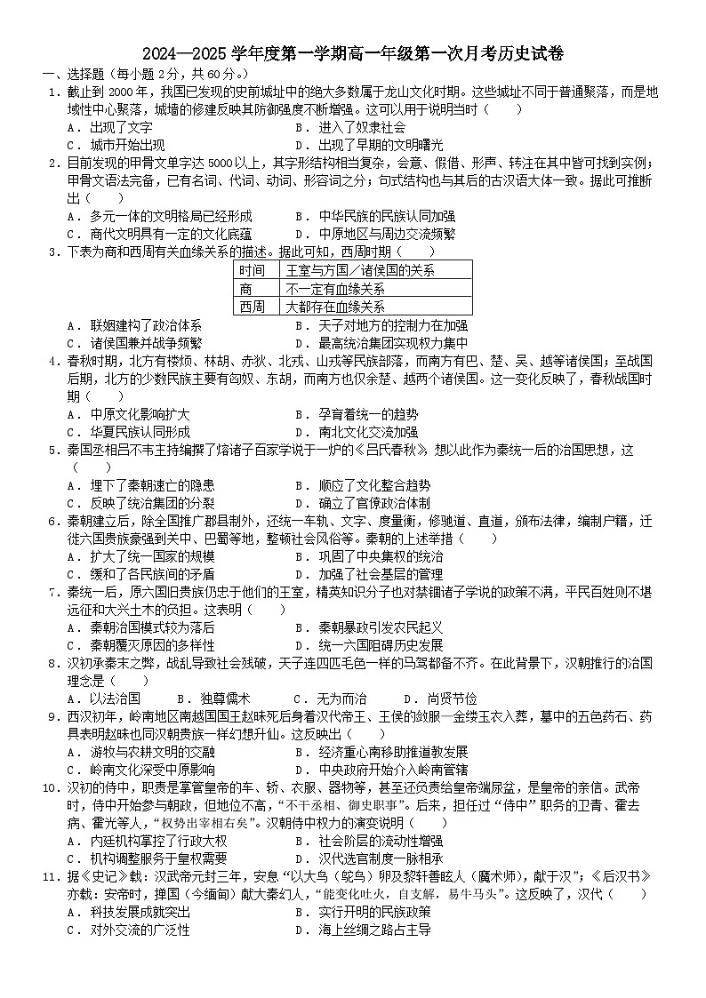 2024—2025学年度第一学期高一年级第一次月考历史试卷第1页