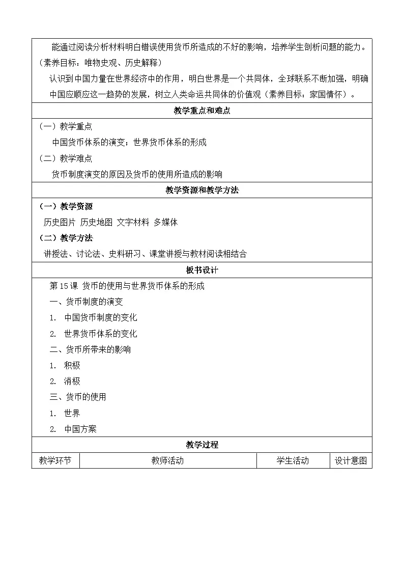 人教统编版高中历史选修1 5-15《货币的使用与世界货币体系的形成》教学设计第2页