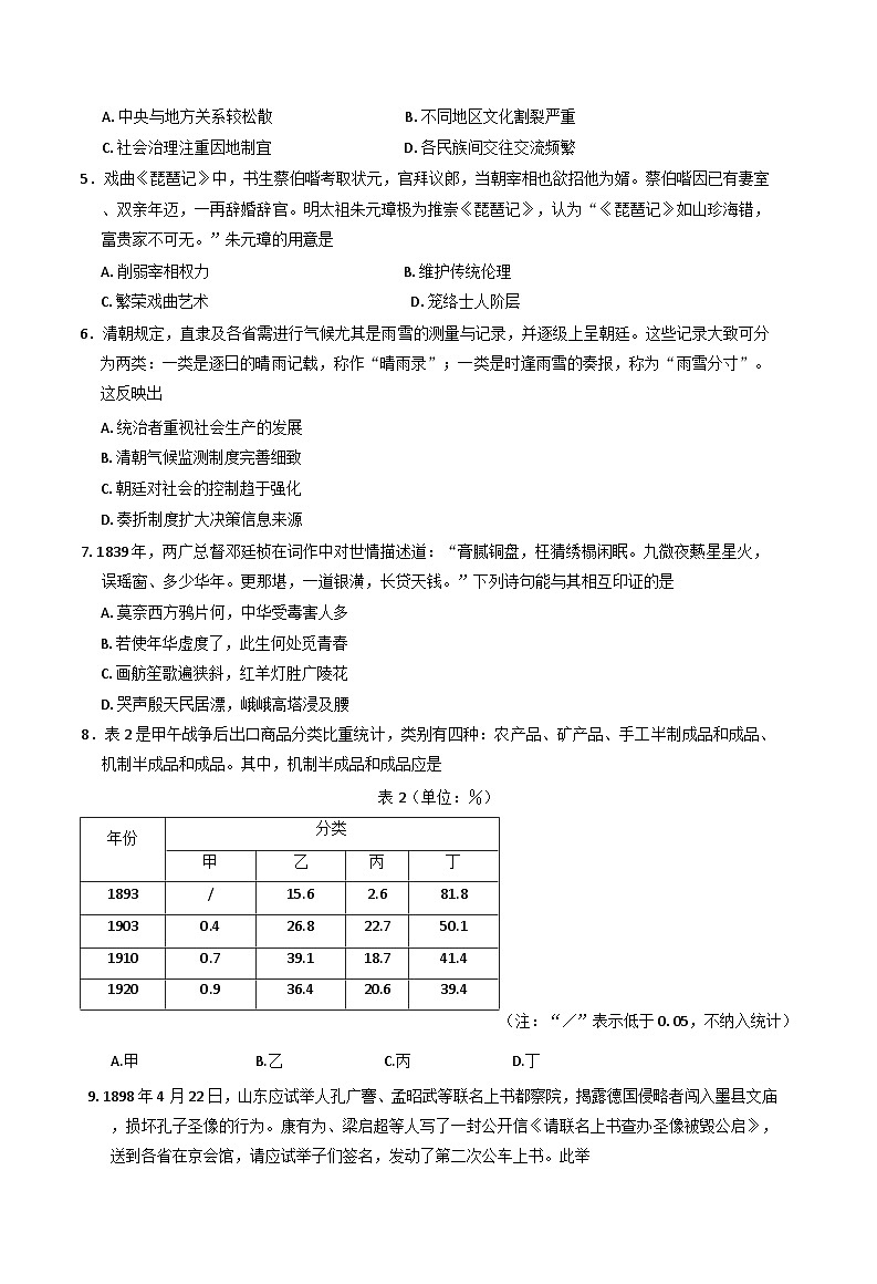 2025届安徽省合肥市示范中学高三下学期5月质量检测历史试题(含解析)第2页