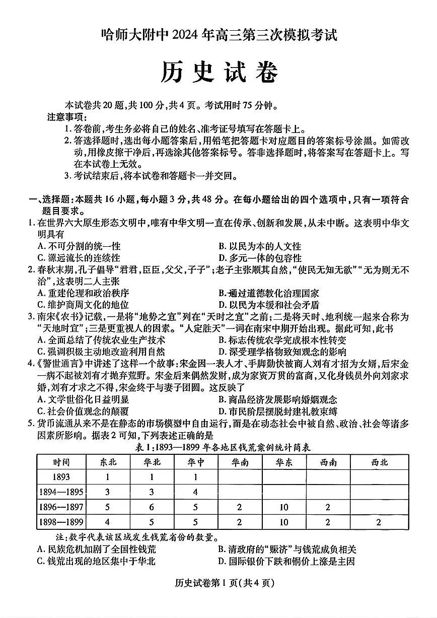 东北三省三校2024年高三第三次模拟考试 历史试卷（含答案）第1页