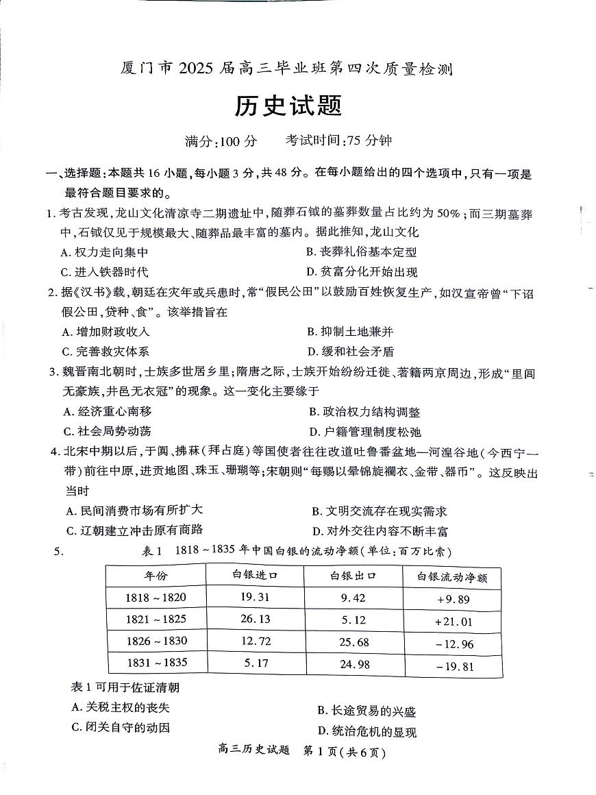 福建省厦门市2025届高三高考模拟第四次质量检测-历史试题+答案第1页