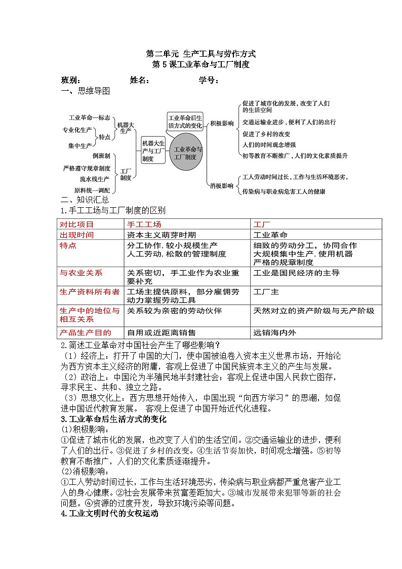 人教统编版高中历史选修2 2-5《工业革命与工厂制度》导学案第1页