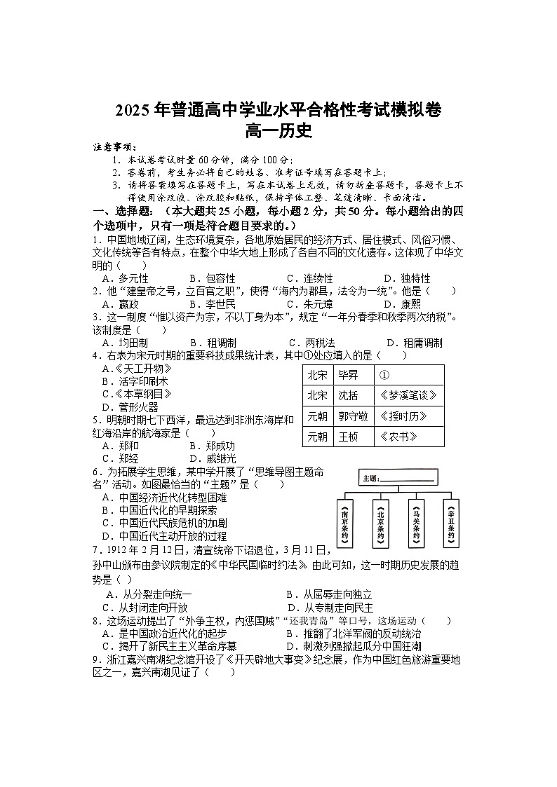 湖南省邵阳市武冈市2024-2025学年高一下学期学业水平合格性考试模拟卷历史试题（含答案）第1页