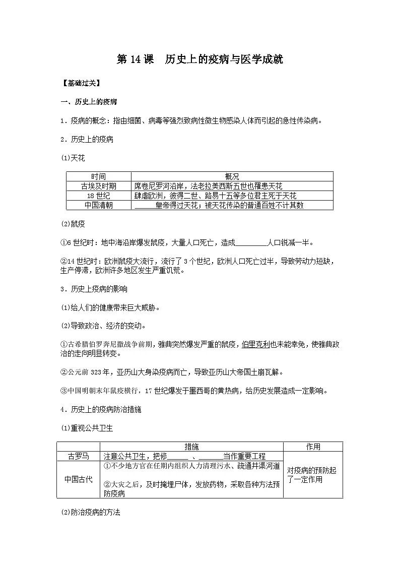 人教统编版高中历史选修2 6-14《历史上的疫病与医学成就》导学案第1页