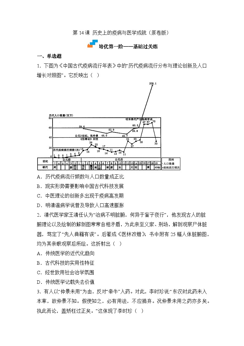 人教统编版高中历史选修2 6-14历史上的疫病与医学成就（原卷版）课时训练 无答案第1页