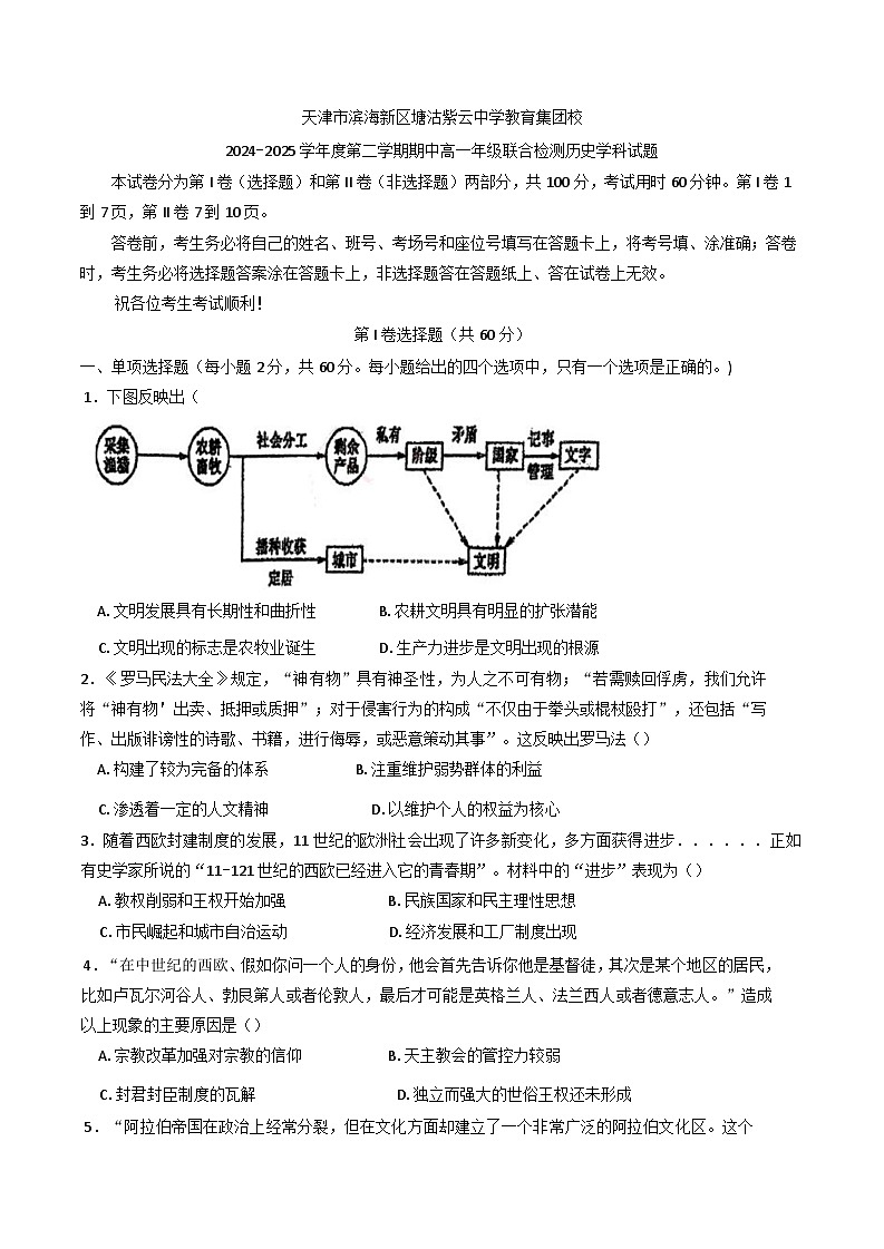 天津市滨海新区塘沽紫云中学教育集团2024—2025学年度高一下学期期中联考历史试题（含答案）第1页